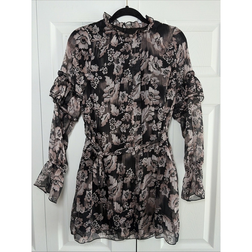 Nasty Gal Floral Ruffle Mini Dress Womens Size 4 Black Pink Chiffon Long Sleeve